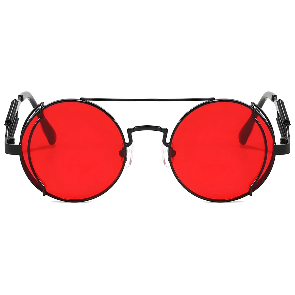 Coiled Spring Temple Bold Edge Red Lens Mens Womens Black Round Sunglasses - Picture 3 of 3